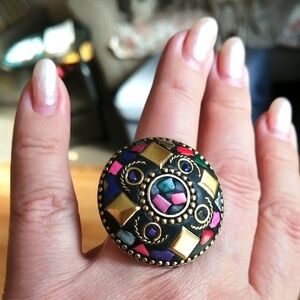 Colorful Mosaic Tibetan Nepal Turquoise , Coral Gold Tone Statement Ring